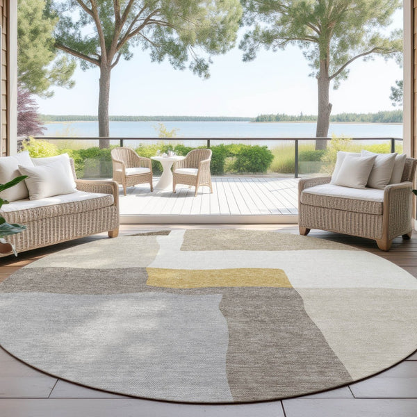 HomeRoots 8' Beige Gold and Gray Round Abstract Area Rug – Stylish, Washable, Durable for Indoor & Outdoor Use 690515