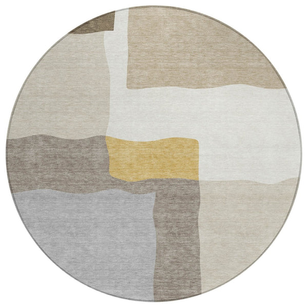 HomeRoots 8' Beige Gold and Gray Round Abstract Area Rug – Stylish, Washable, Durable for Indoor & Outdoor Use 690515
