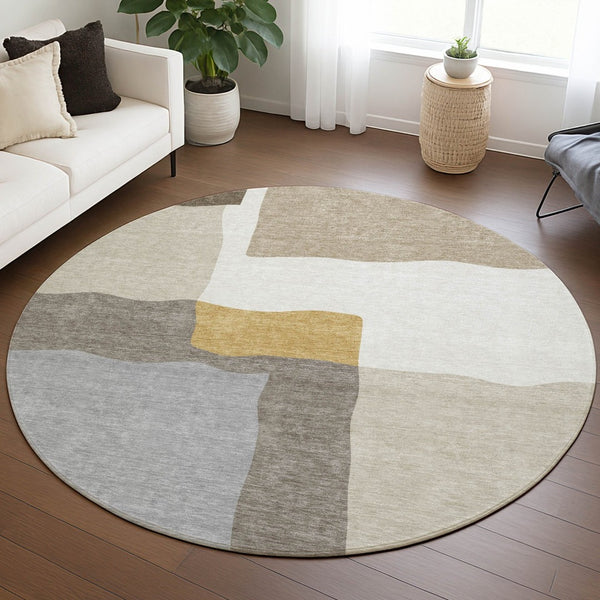 HomeRoots 8' Beige Gold and Gray Round Abstract Area Rug – Stylish, Washable, Durable for Indoor & Outdoor Use 690515