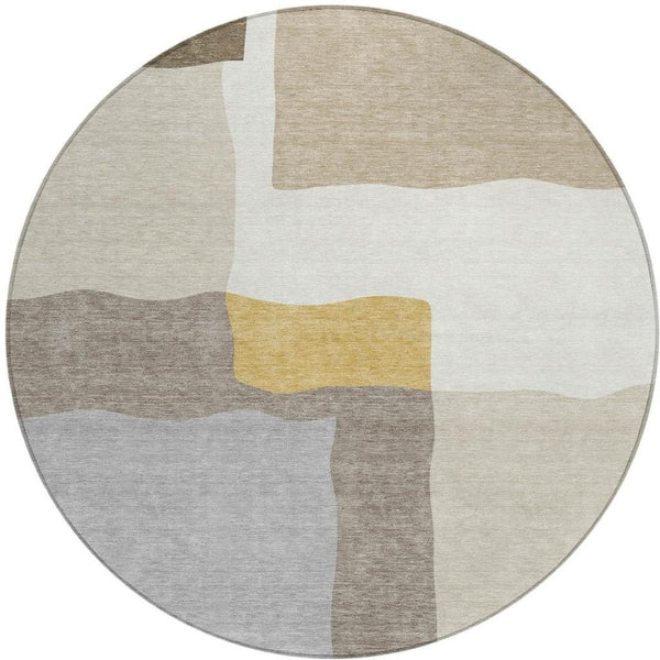HomeRoots 8' Beige Gold and Gray Round Abstract Area Rug – Stylish, Washable, Durable for Indoor & Outdoor Use 690515