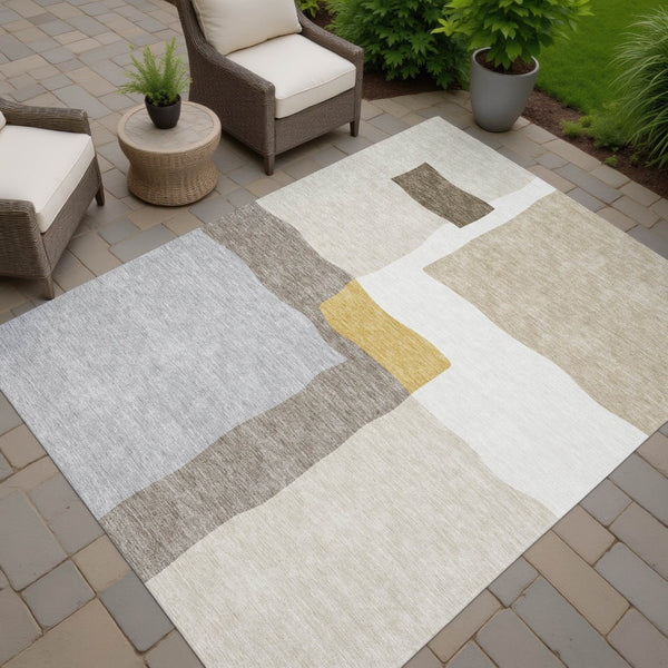 HomeRoots 10' Stylish Beige, Gold & Gray Abstract Washable Area Rug for Indoor & Outdoor Spaces - Durable Design 690518