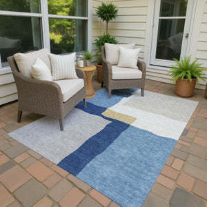 HomeRoots 5' X 8' Abstract Blue Gold Ivory Area Rug – Stylish, Durable, Machine Washable for Indoor/Outdoor Use 690520