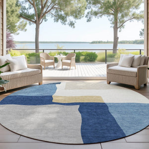 HomeRoots 8' Round Abstract Area Rug in Blue, Gold & Ivory – Washable, Durable, Perfect for Indoor & Outdoor Use 690521