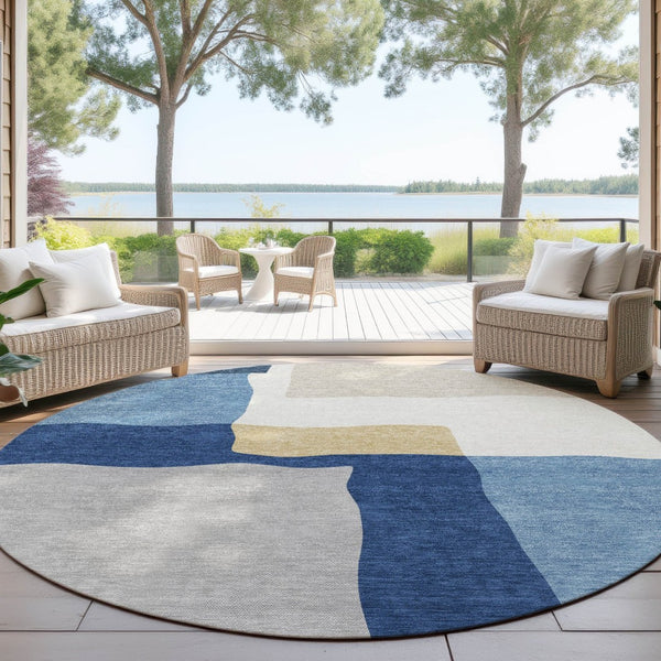 HomeRoots 8' Round Abstract Area Rug in Blue, Gold & Ivory – Washable, Durable, Perfect for Indoor & Outdoor Use 690521