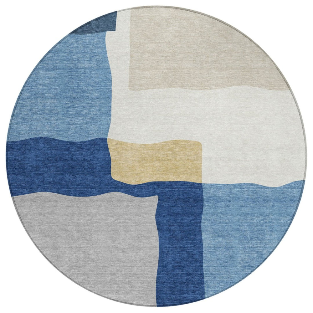 HomeRoots 8' Round Abstract Area Rug in Blue, Gold & Ivory – Washable, Durable, Perfect for Indoor & Outdoor Use 690521