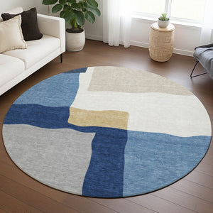 HomeRoots 8' Round Abstract Area Rug in Blue, Gold & Ivory – Washable, Durable, Perfect for Indoor & Outdoor Use 690521