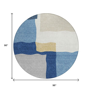 HomeRoots 8' Round Abstract Area Rug in Blue, Gold & Ivory – Washable, Durable, Perfect for Indoor & Outdoor Use 690521