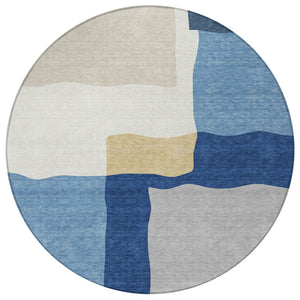 HomeRoots 8' Round Abstract Area Rug in Blue, Gold & Ivory – Washable, Durable, Perfect for Indoor & Outdoor Use 690521