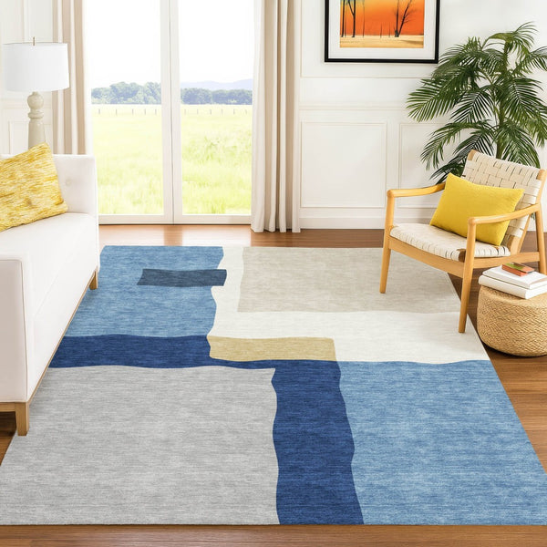 HomeRoots 9' X 12' Washable Blue Gold Ivory Abstract Area Rug for Indoor Outdoor Use - Durable & Stylish Design 690523