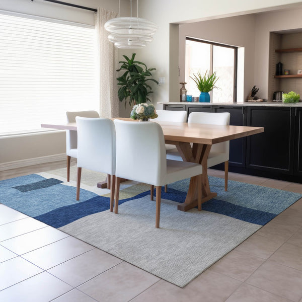HomeRoots 9' X 12' Washable Blue Gold Ivory Abstract Area Rug for Indoor Outdoor Use - Durable & Stylish Design 690523