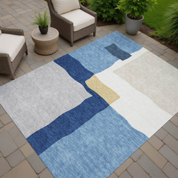 HomeRoots 9' X 12' Washable Blue Gold Ivory Abstract Area Rug for Indoor Outdoor Use - Durable & Stylish Design 690523
