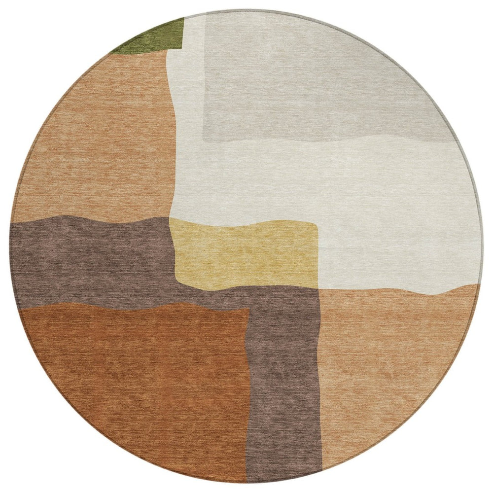 HomeRoots 8' Round Abstract Area Rug in Copper, Gold & Brown - Stylish Washable Indoor/Outdoor Design! 690527
