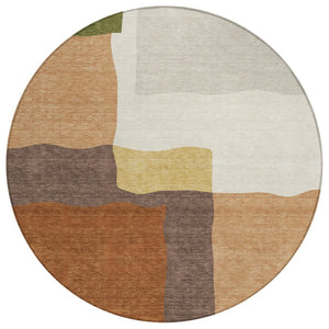 HomeRoots 8' Round Abstract Area Rug in Copper, Gold & Brown - Stylish Washable Indoor/Outdoor Design! 690527