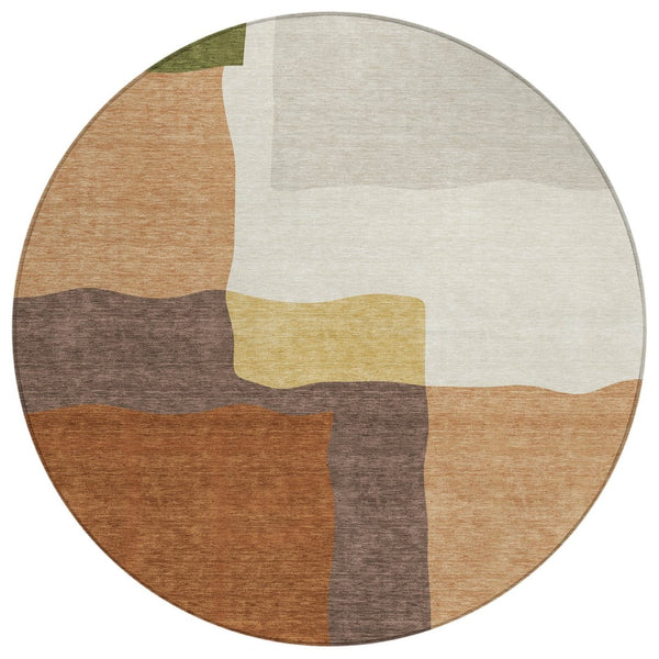 HomeRoots 8' Round Abstract Area Rug in Copper, Gold & Brown - Stylish Washable Indoor/Outdoor Design! 690527