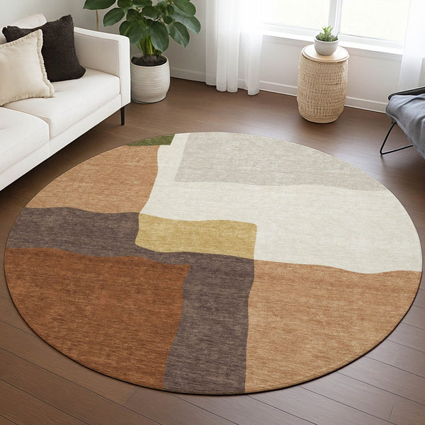 HomeRoots 8' Round Abstract Area Rug in Copper, Gold & Brown - Stylish Washable Indoor/Outdoor Design! 690527