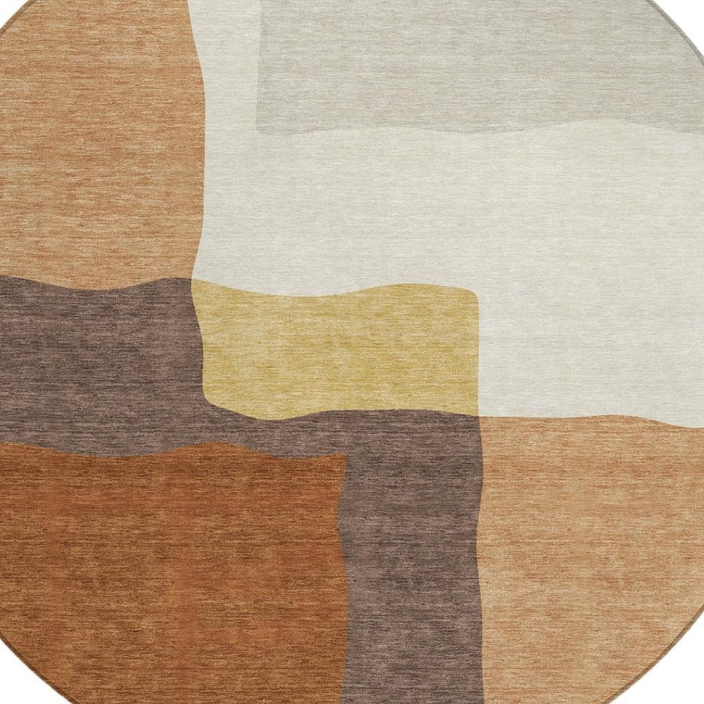 HomeRoots 8' Round Abstract Area Rug in Copper, Gold & Brown - Stylish Washable Indoor/Outdoor Design! 690527