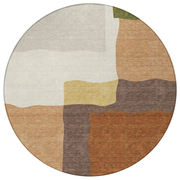 HomeRoots 8' Round Abstract Area Rug in Copper, Gold & Brown - Stylish Washable Indoor/Outdoor Design! 690527