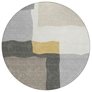 HomeRoots 8' Round Abstract Area Rug - Gray, Gold & Beige, Washable, Durable for Indoor & Outdoor Use 690533