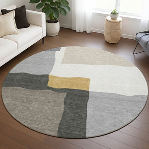 HomeRoots 8' Round Abstract Area Rug - Gray, Gold & Beige, Washable, Durable for Indoor & Outdoor Use 690533