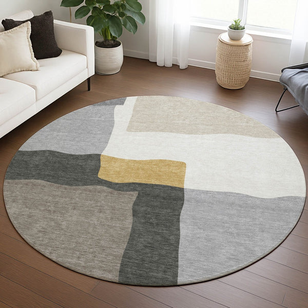 HomeRoots 8' Round Abstract Area Rug - Gray, Gold & Beige, Washable, Durable for Indoor & Outdoor Use 690533