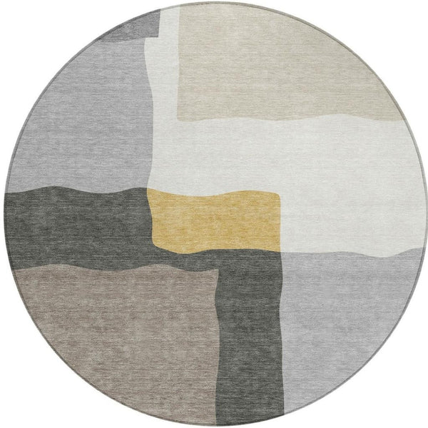 HomeRoots 8' Round Abstract Area Rug - Gray, Gold & Beige, Washable, Durable for Indoor & Outdoor Use 690533