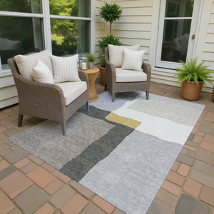 HomeRoots 9' X 12' Washable Gray Gold Beige Abstract Area Rug - Perfect for Indoor Outdoor High-Traffic Spaces! 690535