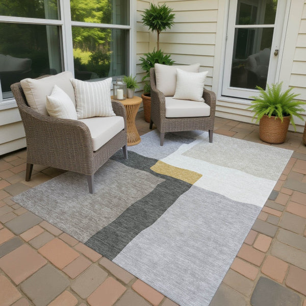 HomeRoots 9' X 12' Washable Gray Gold Beige Abstract Area Rug - Perfect for Indoor Outdoor High-Traffic Spaces! 690535