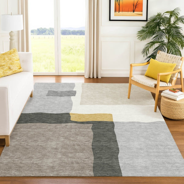 HomeRoots 9' X 12' Washable Gray Gold Beige Abstract Area Rug - Perfect for Indoor Outdoor High-Traffic Spaces! 690535