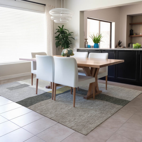 HomeRoots 9' X 12' Washable Gray Gold Beige Abstract Area Rug - Perfect for Indoor Outdoor High-Traffic Spaces! 690535
