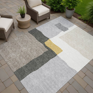 HomeRoots 9' X 12' Washable Gray Gold Beige Abstract Area Rug - Perfect for Indoor Outdoor High-Traffic Spaces! 690535