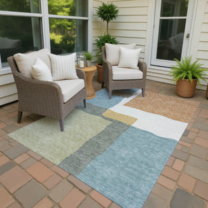 HomeRoots 5' X 8' Abstract Aqua Ivory Terra Cotta Washable Area Rug for Indoor & Outdoor High-Traffic Spaces 690544