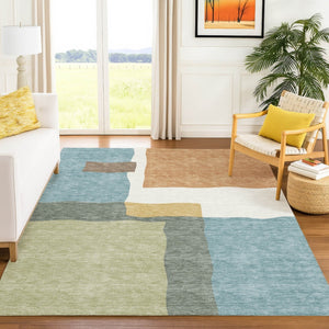 HomeRoots 5' X 8' Abstract Aqua Ivory Terra Cotta Washable Area Rug for Indoor & Outdoor High-Traffic Spaces 690544