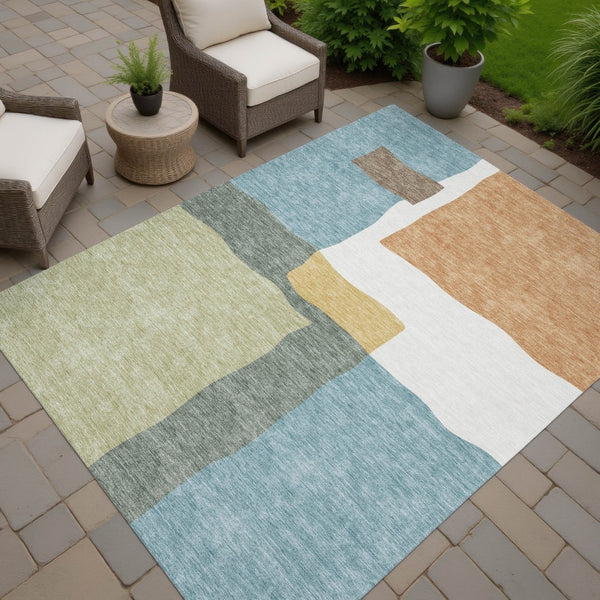 HomeRoots 5' X 8' Abstract Aqua Ivory Terra Cotta Washable Area Rug for Indoor & Outdoor High-Traffic Spaces 690544