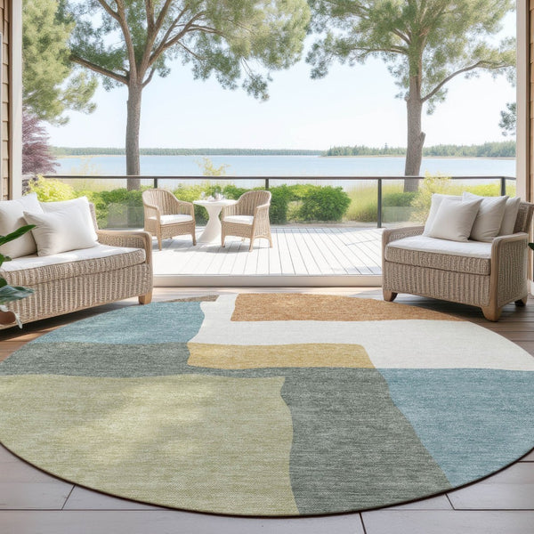HomeRoots 8' Modern Round Abstract Area Rug in Pale Aqua, Ivory & Terra Cotta – Washable for Indoor/Outdoor Use 690545