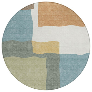 HomeRoots 8' Modern Round Abstract Area Rug in Pale Aqua, Ivory & Terra Cotta – Washable for Indoor/Outdoor Use 690545