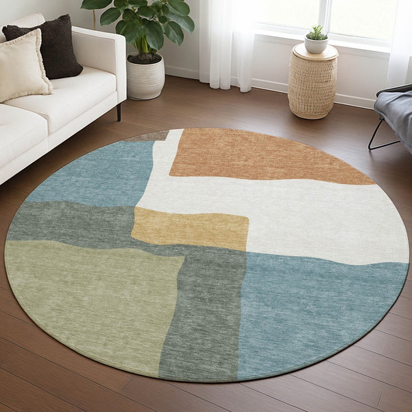 HomeRoots 8' Modern Round Abstract Area Rug in Pale Aqua, Ivory & Terra Cotta – Washable for Indoor/Outdoor Use 690545