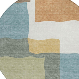 HomeRoots 8' Modern Round Abstract Area Rug in Pale Aqua, Ivory & Terra Cotta – Washable for Indoor/Outdoor Use 690545