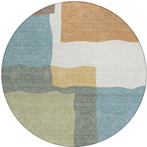 HomeRoots 8' Modern Round Abstract Area Rug in Pale Aqua, Ivory & Terra Cotta – Washable for Indoor/Outdoor Use 690545