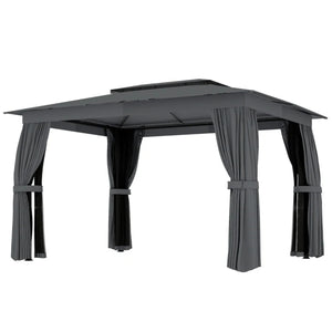 English Elm Double-roof Steel Gazebo with Upf Canopy Curtains and Mesh Panels for Outdoor Privacy Black,Dark Gray T3971P459073