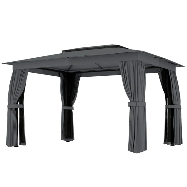 English Elm Double-roof Steel Gazebo with Upf Canopy Curtains and Mesh Panels for Outdoor Privacy Black,Dark Gray T3971P459073