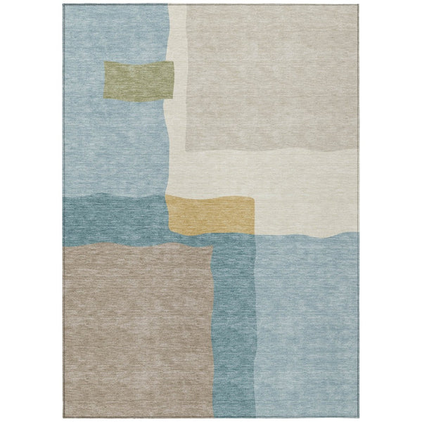 HomeRoots 5' Stylish Teal Blue, Beige & Ivory Abstract Washable Area Rug for Indoor & Outdoor Spaces 690550