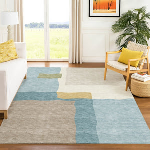 HomeRoots 5' Stylish Teal Blue, Beige & Ivory Abstract Washable Area Rug for Indoor & Outdoor Spaces 690550