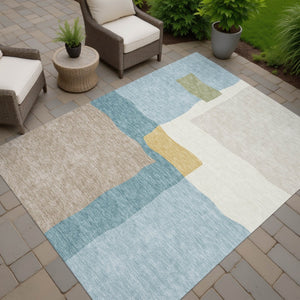 HomeRoots 5' Stylish Teal Blue, Beige & Ivory Abstract Washable Area Rug for Indoor & Outdoor Spaces 690550