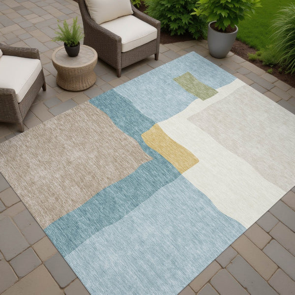 HomeRoots 5' Stylish Teal Blue, Beige & Ivory Abstract Washable Area Rug for Indoor & Outdoor Spaces 690550