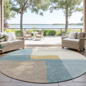 HomeRoots 8' Teal Blue Beige Ivory Round Abstract Rug - Washable, Durable, Indoor/Outdoor, Modern Design 690551