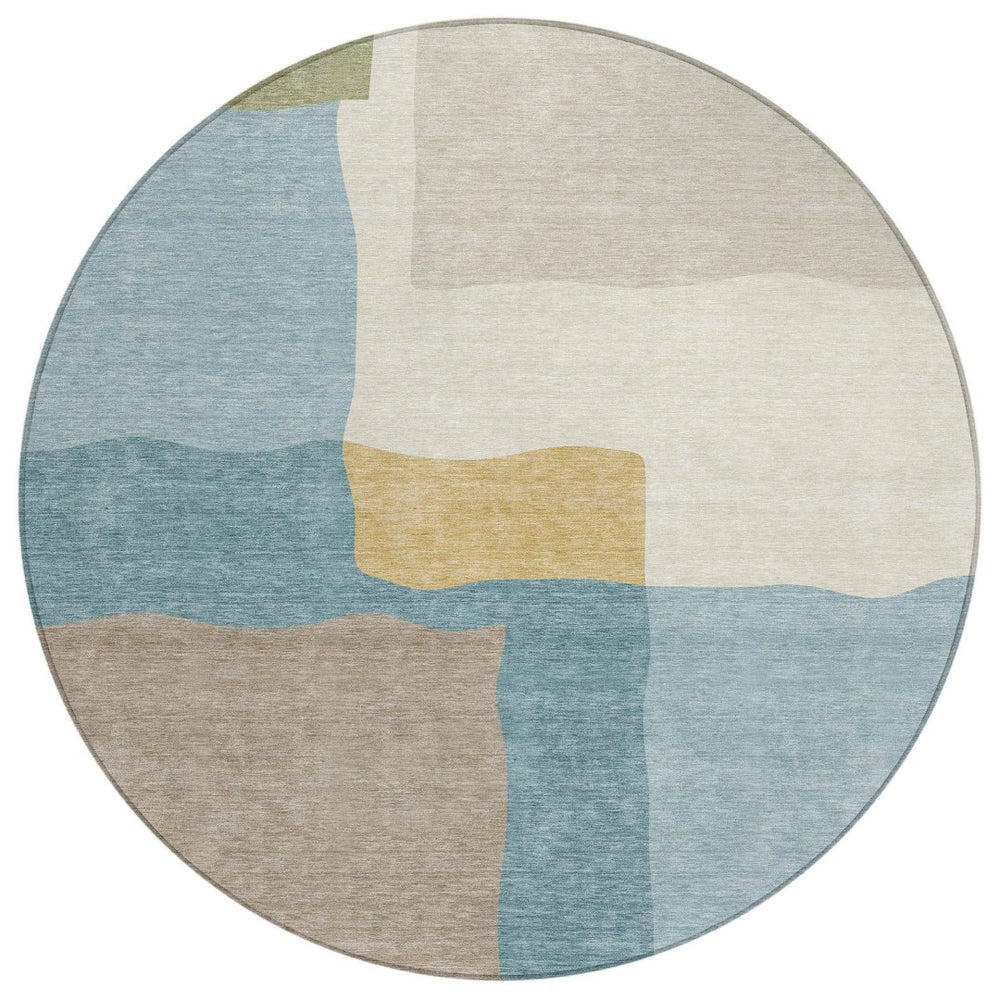 HomeRoots 8' Teal Blue Beige Ivory Round Abstract Rug - Washable, Durable, Indoor/Outdoor, Modern Design 690551