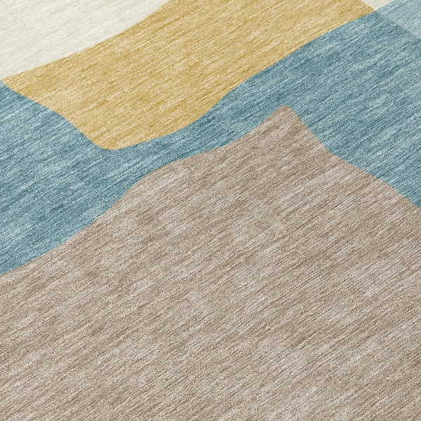 HomeRoots 8' Teal Blue Beige Ivory Round Abstract Rug - Washable, Durable, Indoor/Outdoor, Modern Design 690551