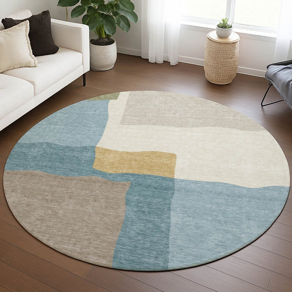HomeRoots 8' Teal Blue Beige Ivory Round Abstract Rug - Washable, Durable, Indoor/Outdoor, Modern Design 690551