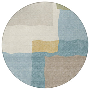 HomeRoots 8' Teal Blue Beige Ivory Round Abstract Rug - Washable, Durable, Indoor/Outdoor, Modern Design 690551