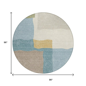 HomeRoots 8' Teal Blue Beige Ivory Round Abstract Rug - Washable, Durable, Indoor/Outdoor, Modern Design 690551